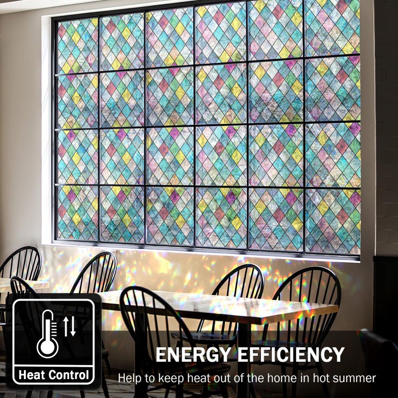 FEOMOS Stained Glass Window Film  Window Privacy Films  Colorful Lattice Window Tint  Rainbow Glass Decals Stickers for Home Anti UV 11.8 x 78.7 inches - Image 5