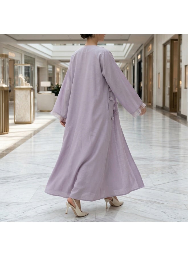 Dakakeen Concept Lavender “Al-Musammimah Nashl” Abaya by Dakakeen Concept – Elegant and Refined Abaya in Soft Lavender Tone for Comfortable,  Abaya for Women - Saudi Style Luxury Women's Abaya, Modest Open Front Daily & Formal - Image 4