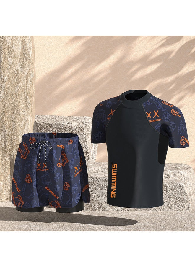 Men's Two-Piece Black and Orange Swimming Suit:Quick-Dry Short Sleeve Top and Swim Trunks
