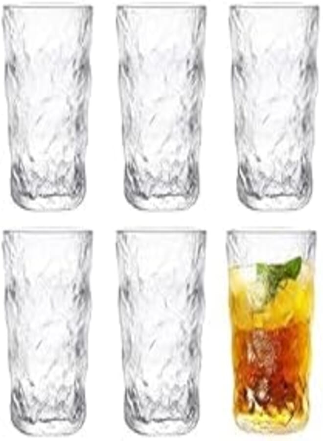 6 Pieces Ice Glass Tumbler Set, Gold Plated Crystal Embossed Drinking Glasses for Hot and Cold Drinks (305ml)