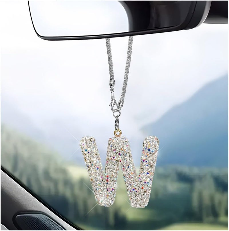 زينة مرآة الرؤية الخلفية للسيارة DXNQ Bling Initial، قلادة حرف لامع كريستالي لطيف، ديكور السيارة، قلادة حرف الماس المحظوظ المعلقة، زينة حقيبة مرآة السيارة للفتيات والنساء (حرف W) - Image 1