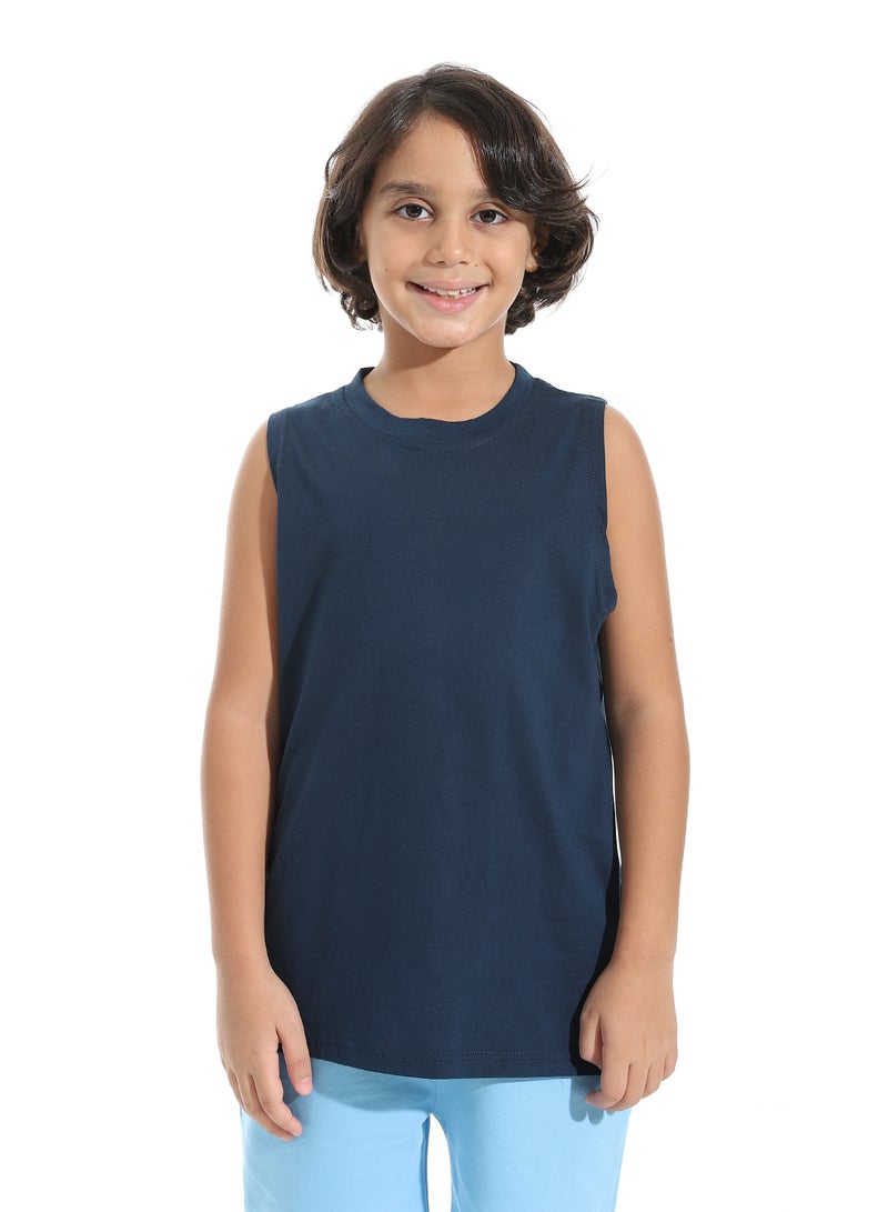 Andora Cut Sleeves Loose Fit Basic T-Shirt_Navy Blue - Image 1