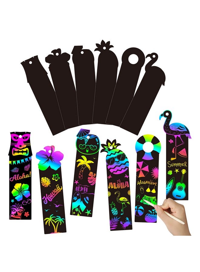 WATINC 60Pcs Hawaiian Scratch Art Bookmarks For Kids Hawaii Summer Party Favors Rainbow Scratch Off Card Craft Kit Magic Color Tropical Luau Pineapple Flamingo Diy Classroom School Drawing Paper - Image 2