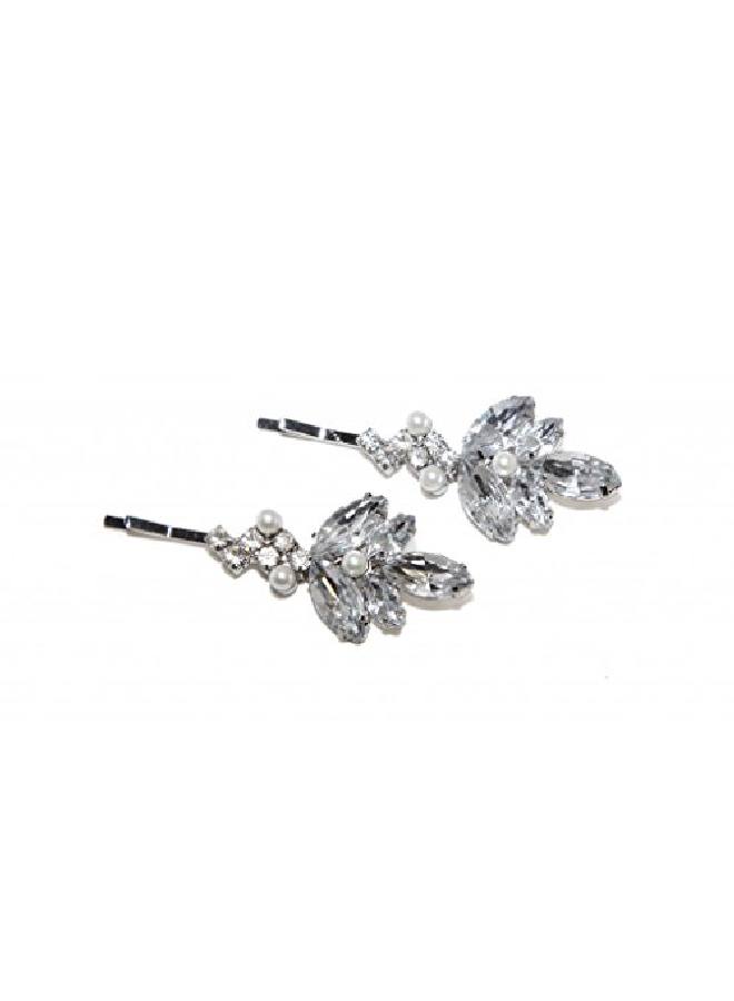 Lux Accessories Clear Flower Bridal Pave Faux Pearl Hair Clip Bobby Pin (2Pc) - Image 2