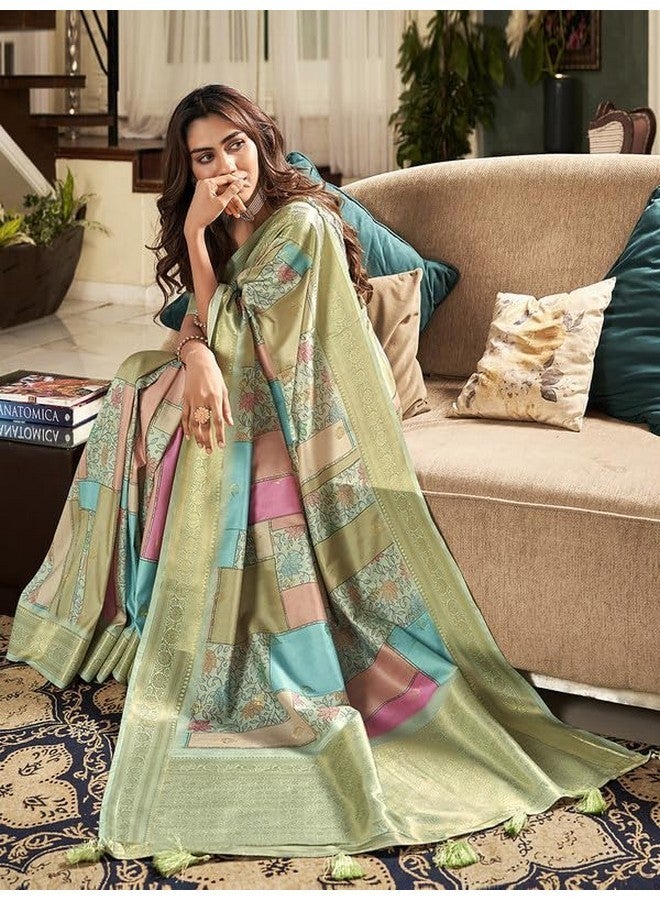 SIRIL ساري سيريلي للنساء من حرير باناراسي ساري حرير نقي كانجيفارام مع قطعة بلوزة غير مخيطة (3294S1047_أخضر فاتح) - Image 2