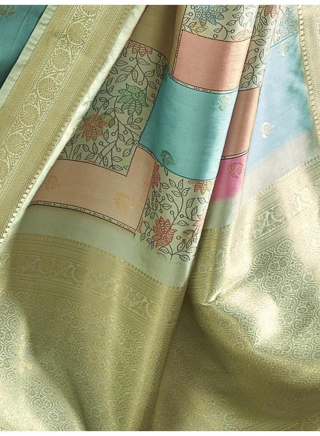 SIRIL ساري سيريلي للنساء من حرير باناراسي ساري حرير نقي كانجيفارام مع قطعة بلوزة غير مخيطة (3294S1047_أخضر فاتح) - Image 5