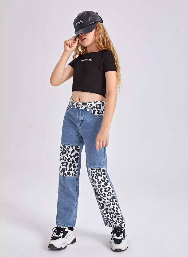 Girls Zipper Fly Leopard Colorblock Jeans  - Image 3