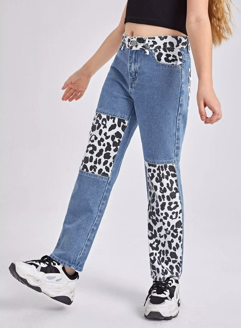 Girls Zipper Fly Leopard Colorblock Jeans  - Image 4