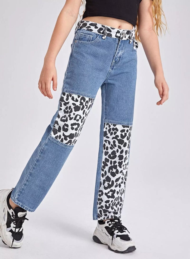 Girls Zipper Fly Leopard Colorblock Jeans  - Image 5