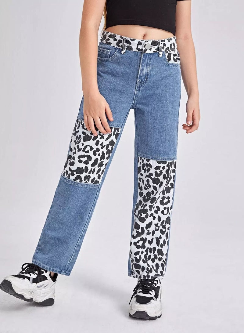 Girls Zipper Fly Leopard Colorblock Jeans  - Image 1