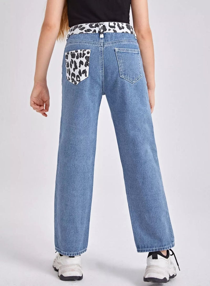 Girls Zipper Fly Leopard Colorblock Jeans  - Image 2