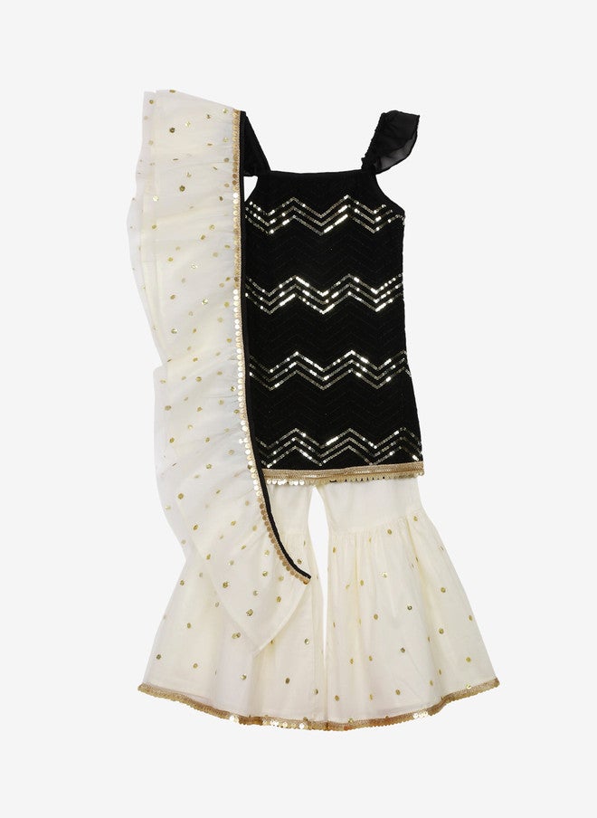 Saka Designs Girls Black Ethnic Kurti with Sharara and Dupatta - Image 1