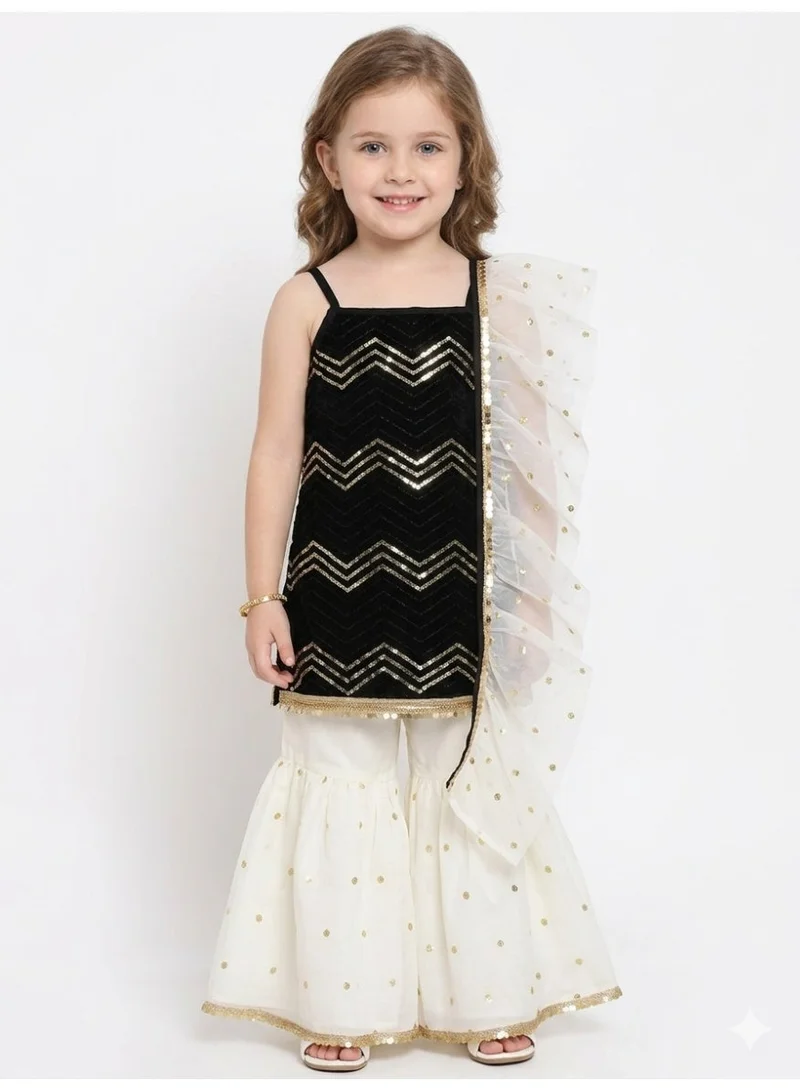 Saka Designs Girls Black Ethnic Kurti with Sharara and Dupatta