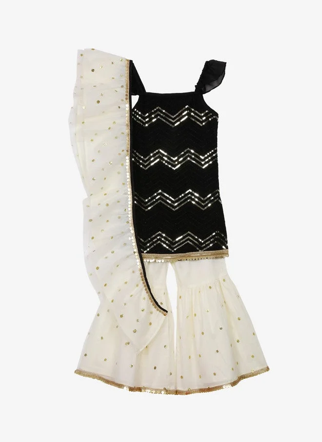 Saka Designs Girls Black Ethnic Kurti with Sharara and Dupatta