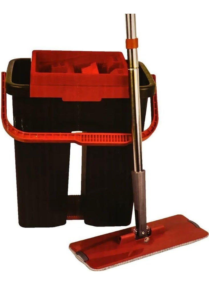 جردل سوبر كلين – ممسحة مسطحة مع دلو كبير، 2 منصات قابلة لإعادة الاستخدام، مقبض فولاذ مقاوم للصدأ، تصميم عملي لتوفير المساحة والنظافة (d - Image 2