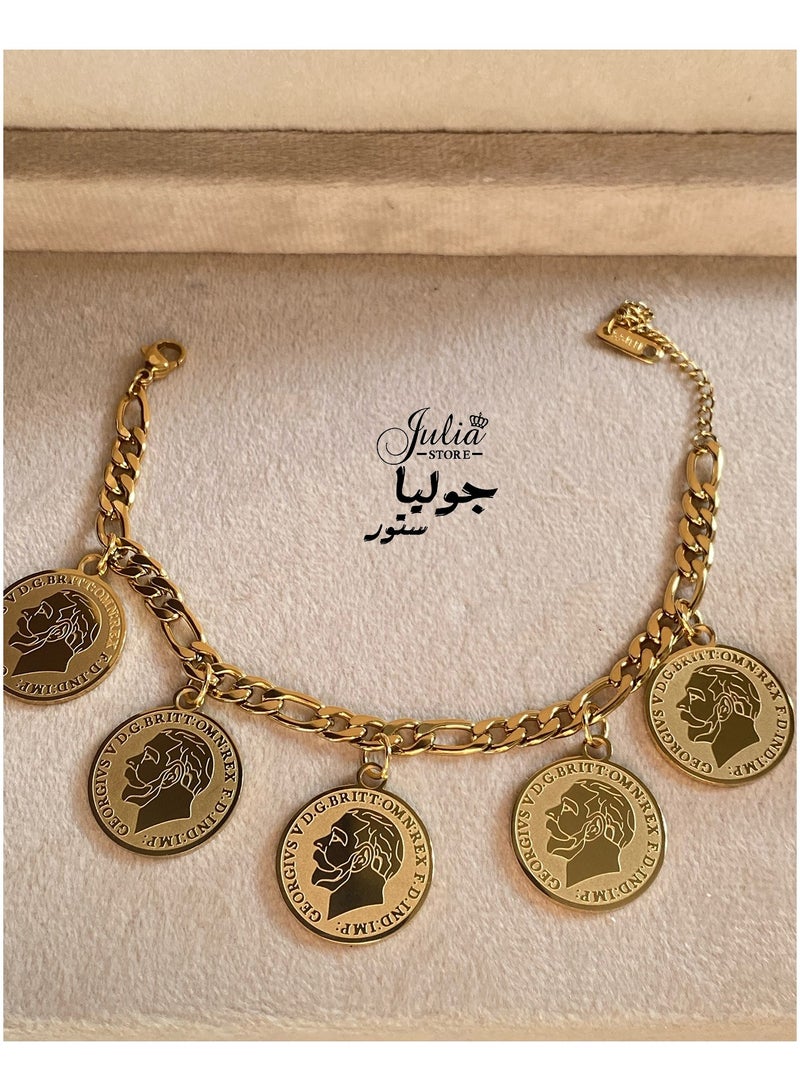 Julia Store 18K Gold Plated Stainless Steel Trendy Figaro Chunky Chain Bracelet Punk Curb Link Chain Bracelet Statement Gold Coin Bracelet for Women - Image 1