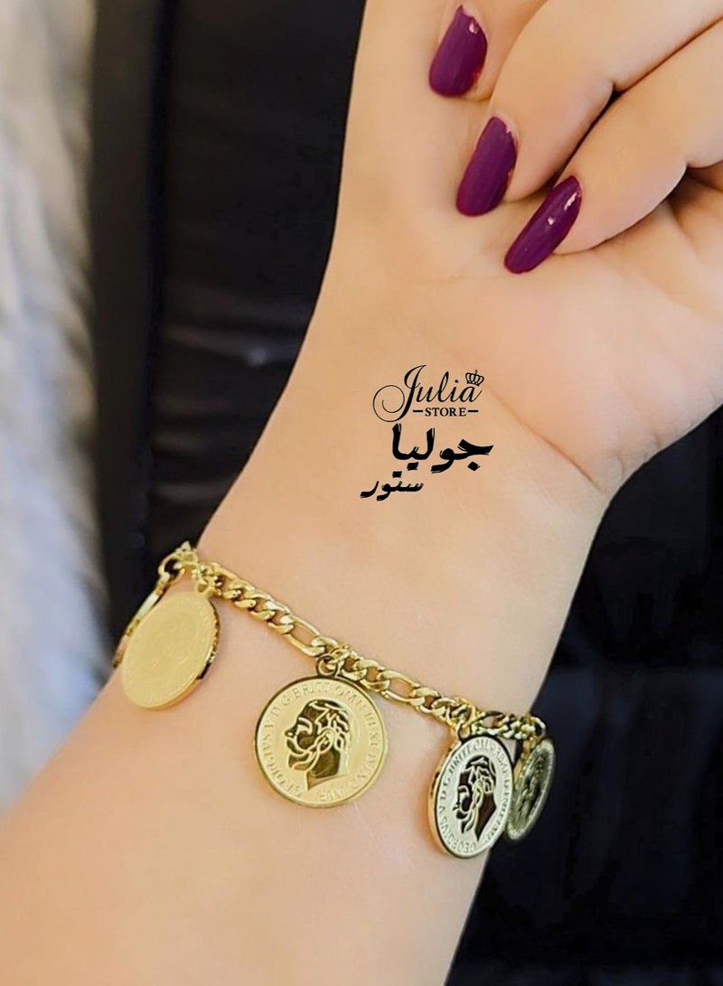 Julia Store 18K Gold Plated Stainless Steel Trendy Figaro Chunky Chain Bracelet Punk Curb Link Chain Bracelet Statement Gold Coin Bracelet for Women - Image 2