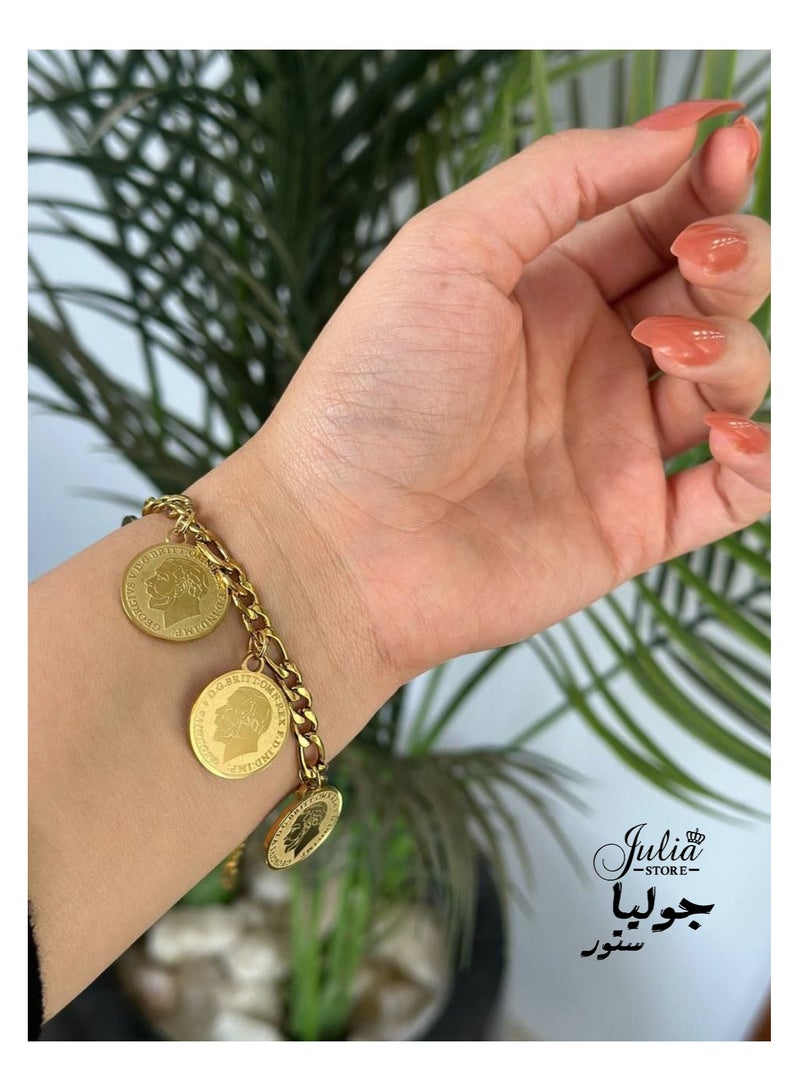 Julia Store 18K Gold Plated Stainless Steel Trendy Figaro Chunky Chain Bracelet Punk Curb Link Chain Bracelet Statement Gold Coin Bracelet for Women - Image 4