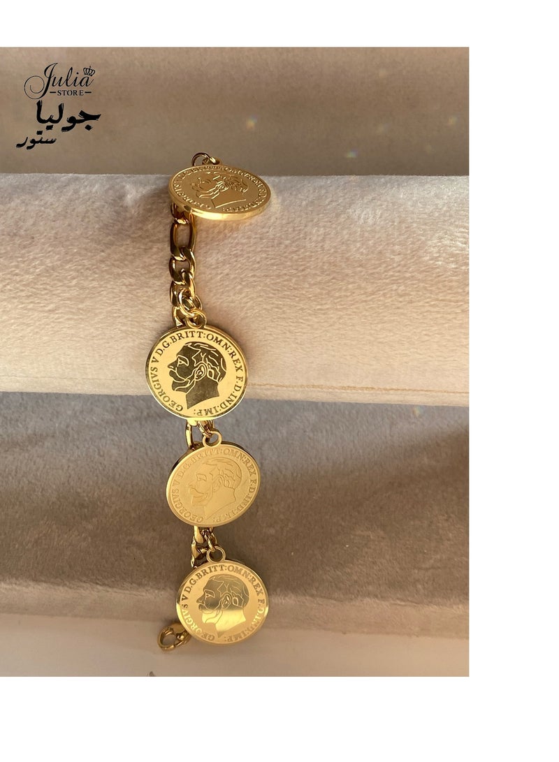 Julia Store 18K Gold Plated Stainless Steel Trendy Figaro Chunky Chain Bracelet Punk Curb Link Chain Bracelet Statement Gold Coin Bracelet for Women - Image 5