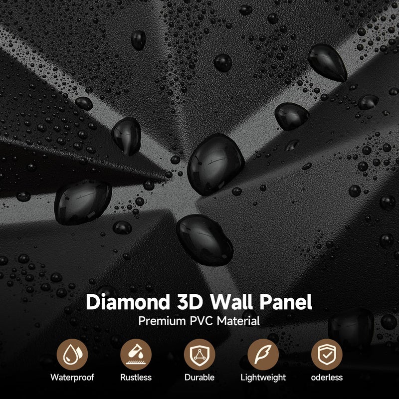 INMOZATA 3D Wall Panels for Interior Wall Decor, 33 Pack 12 x 12 Inch Decorative Wall Panels Diamond 3D Textured Accent Panel for TV, Gaming Living Room, Bedroom Background(Black) - Image 2