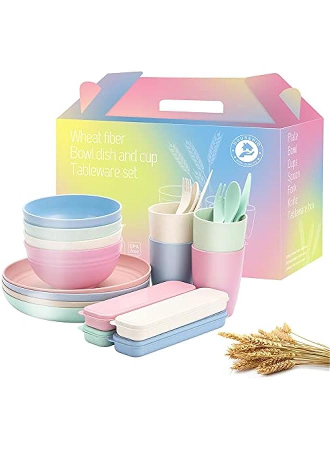 Wheat Straw Dinnerware Sets for 28 PCS Unbreakable Lightweight Reusable Plastic Dinnerware SetKids Plates Bowls and CuMicrowave Dishwasher SafeDishes for Kitchen Camping RV color) - Image 1