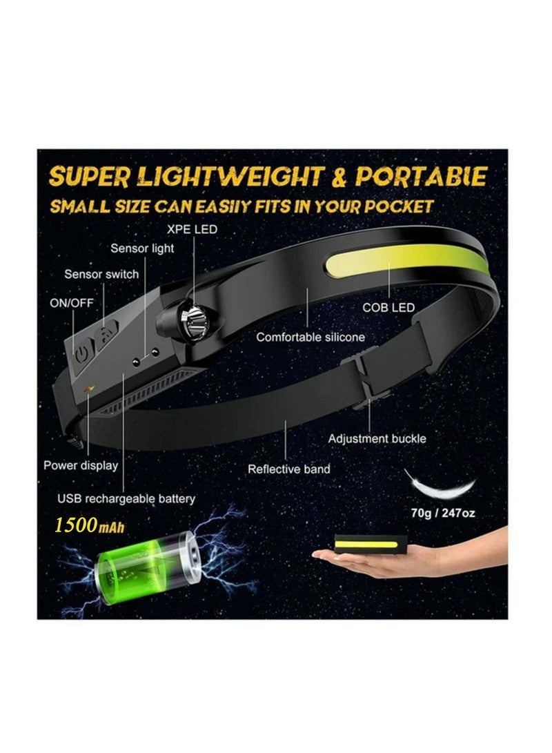 Led Headlamp Rechargeable Cob Camping Headlamp 230° Illumination Headlight With Motion Sensor, Lightweight And Weatherproof ,5 Light Source Head Lamp Flashlight - Image 4