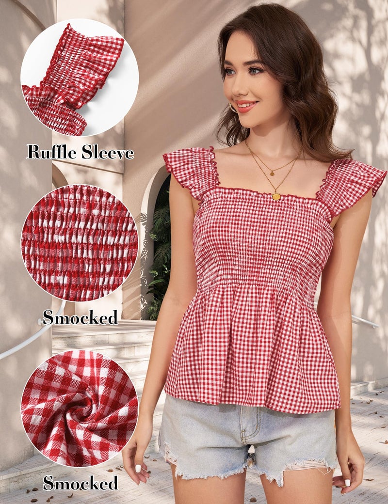 LOMON Women's Summer Sleeveless Tops Square Neck Ruffle Sleeve Shirts Plaid Smocked Tank Top Babydoll Y2K (Red White Plaid,M) - Image 5