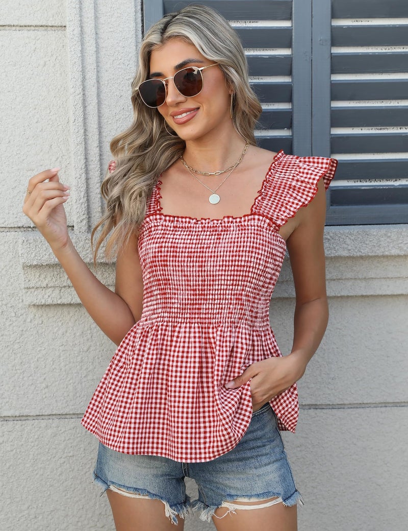 LOMON Women's Summer Sleeveless Tops Square Neck Ruffle Sleeve Shirts Plaid Smocked Tank Top Babydoll Y2K (Red White Plaid,M) - Image 2