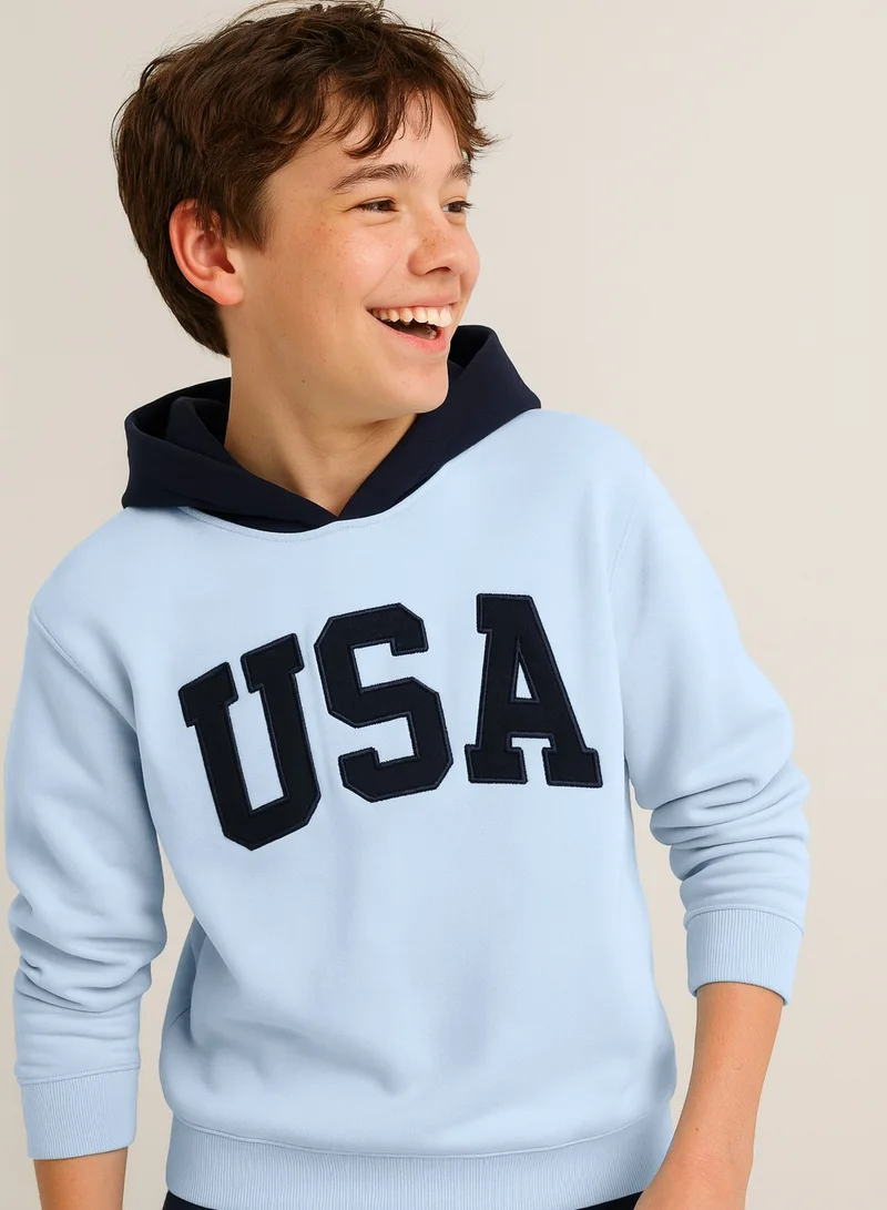 victor and jane Boys' Dusty Blue USA Embroidered Hoodie
