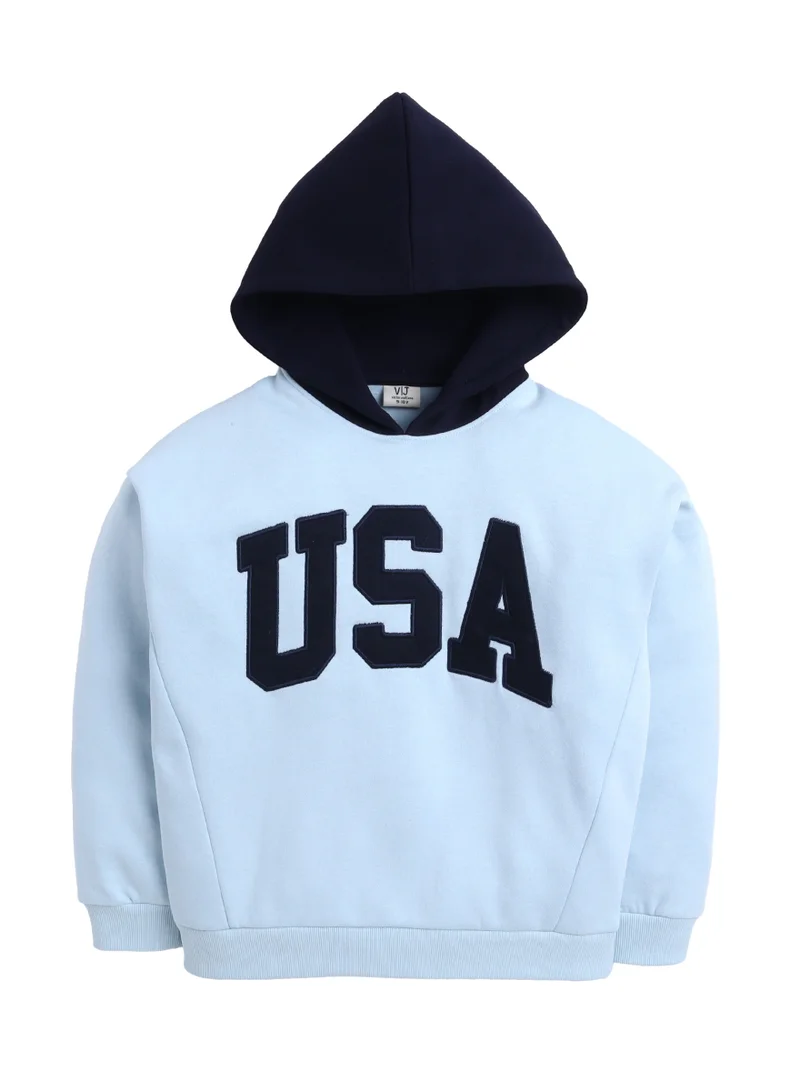 victor and jane Boys' Dusty Blue USA Embroidered Hoodie