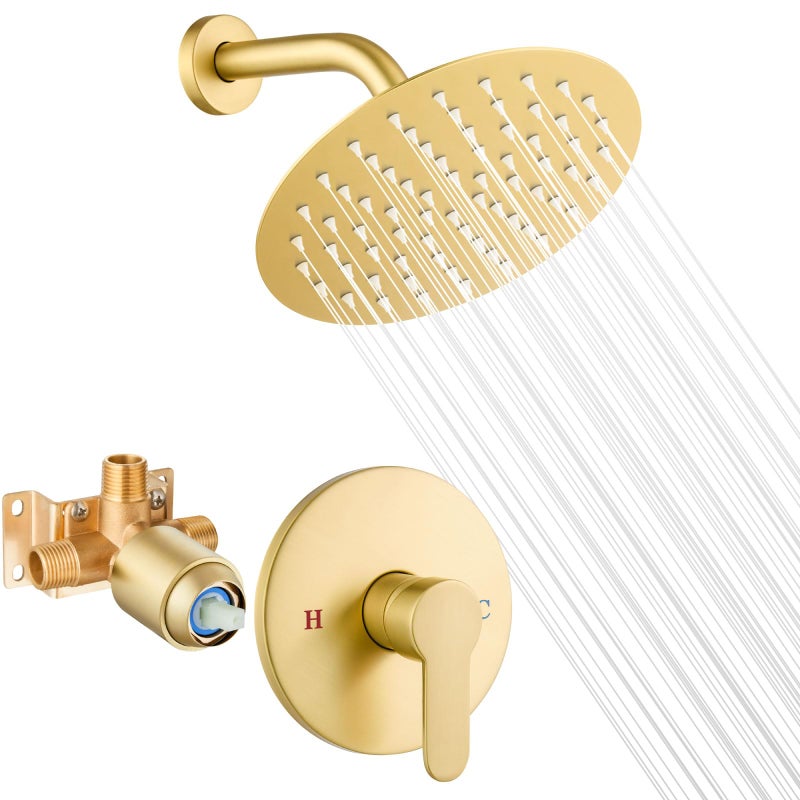 Airuida Shower Faucet Set8 Inch Round Rainfall Shower HeadSUS304 Stainless Steel Single Handle Shower Trim KitWall Mount Bathroom System with Male Threads Valve Brushed Gold - Image 2