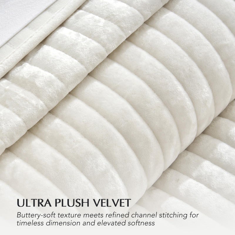 EVERGRACE Velvet Quilt Set Queen Size, Luxurious Soft Striped Channel Bedding Set, Lightweight Velvet Comforter for All Season, Oversized Bedspread Coverlet with 2 Matching Shams, Ivory White - Image 4