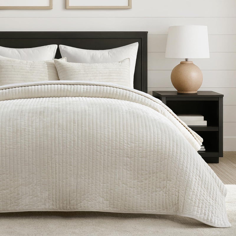 EVERGRACE Velvet Quilt Set Queen Size, Luxurious Soft Striped Channel Bedding Set, Lightweight Velvet Comforter for All Season, Oversized Bedspread Coverlet with 2 Matching Shams, Ivory White - Image 2