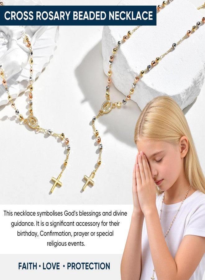 MEALGUET Girl's Gold Virgin Mary Necklace - Tri-color Rosary Bead Cross Necklaces,Hypoallergenic Non Tarnish Catholic Y Chain Crucifix Necklaces Christening Jewelry Baptism Gifts Birthday Confirmation Girls - Image 5
