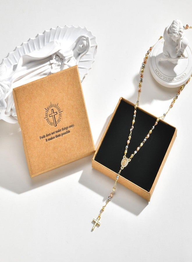 MEALGUET Girl's Gold Virgin Mary Necklace - Tri-color Rosary Bead Cross Necklaces,Hypoallergenic Non Tarnish Catholic Y Chain Crucifix Necklaces Christening Jewelry Baptism Gifts Birthday Confirmation Girls - Image 4