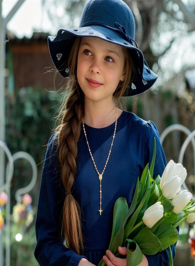 MEALGUET Girl's Gold Virgin Mary Necklace - Tri-color Rosary Bead Cross Necklaces,Hypoallergenic Non Tarnish Catholic Y Chain Crucifix Necklaces Christening Jewelry Baptism Gifts Birthday Confirmation Girls - Image 2