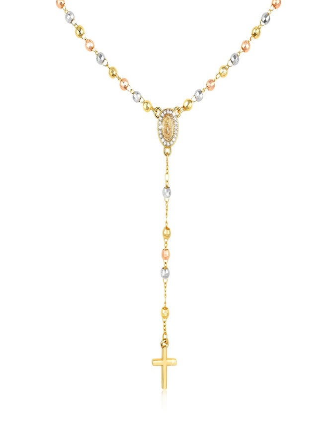 MEALGUET Girl's Gold Virgin Mary Necklace - Tri-color Rosary Bead Cross Necklaces,Hypoallergenic Non Tarnish Catholic Y Chain Crucifix Necklaces Christening Jewelry Baptism Gifts Birthday Confirmation Girls - Image 1