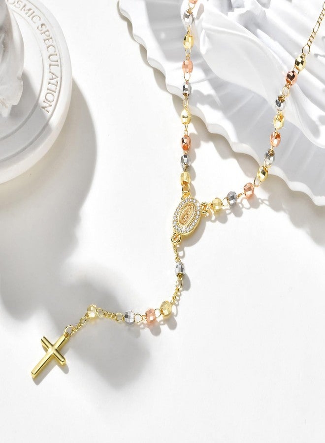MEALGUET Girl's Gold Virgin Mary Necklace - Tri-color Rosary Bead Cross Necklaces,Hypoallergenic Non Tarnish Catholic Y Chain Crucifix Necklaces Christening Jewelry Baptism Gifts Birthday Confirmation Girls - Image 3