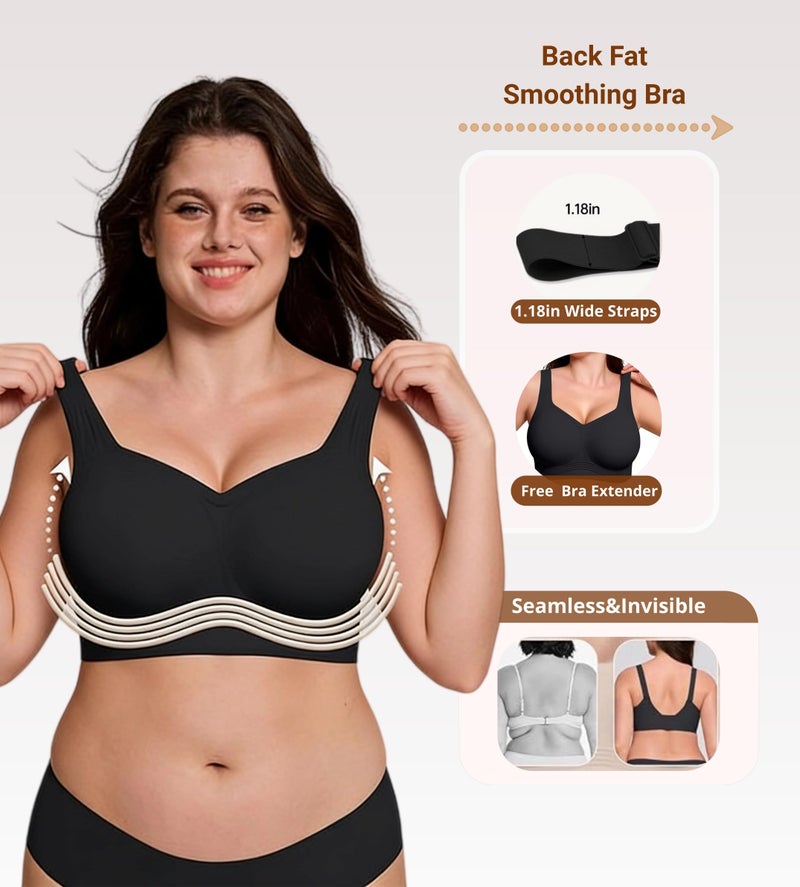 Dopheuor 2026 Wireless Seamless Jelly Plus Size Bras Comfortable No Underwire Supportive Full Coverage Everyday Bra for Older Women Black - Image 5