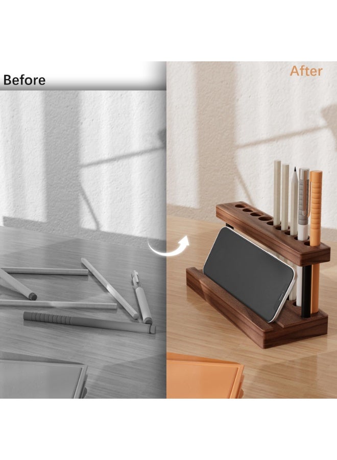 Pencil & Pen Holder for Desk, Solid Walnut Pen Display Stand with 9 Slots and Cell Phone Holder, Aesthetic Pen Organizer for Minimalist Office Desk Decor - Image 2