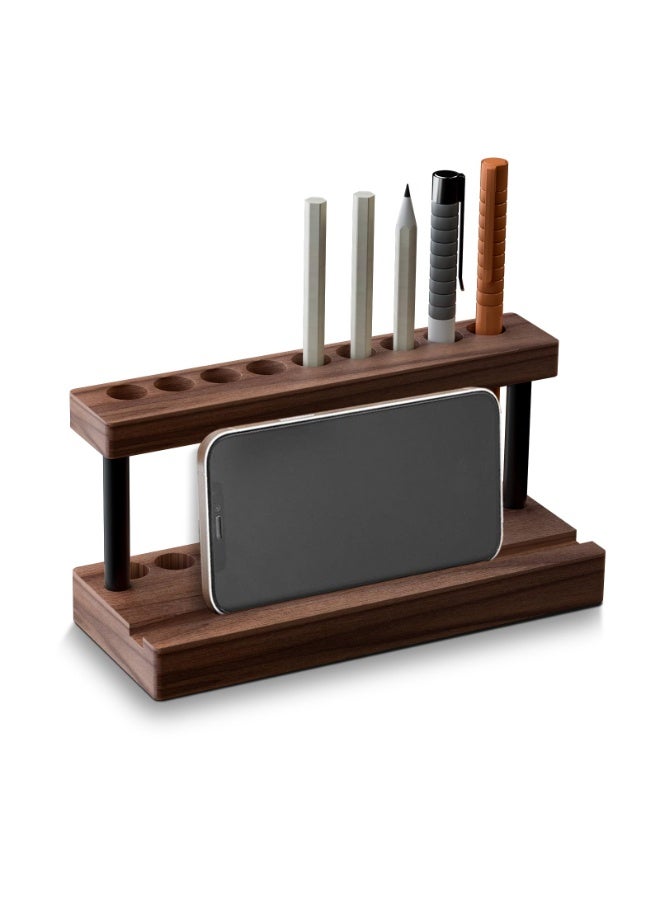 Pencil & Pen Holder for Desk, Solid Walnut Pen Display Stand with 9 Slots and Cell Phone Holder, Aesthetic Pen Organizer for Minimalist Office Desk Decor - Image 1