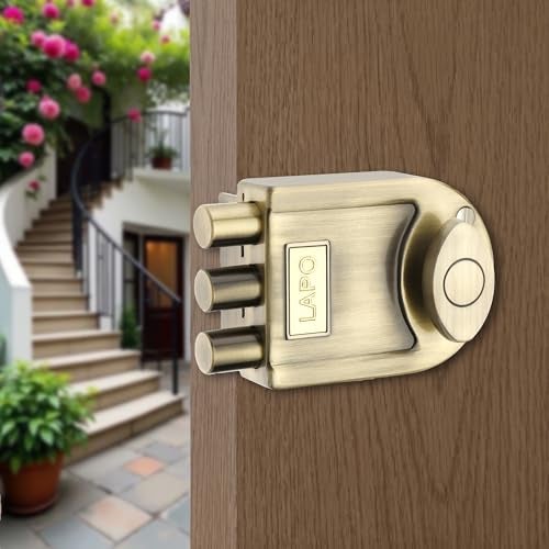 LAPO Antique Brass Tri-Bolt Lock for Main Door, Deadbolt Security Lock for Wooden Doors, Fixed Cylinder Design with 4 Brass Keys, Suitable for Inside & Outside Opening, Stylish Heavy-Duty Door Lock - Image 1