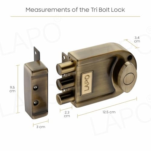 LAPO Antique Brass Tri-Bolt Lock for Main Door, Deadbolt Security Lock for Wooden Doors, Fixed Cylinder Design with 4 Brass Keys, Suitable for Inside & Outside Opening, Stylish Heavy-Duty Door Lock - Image 2