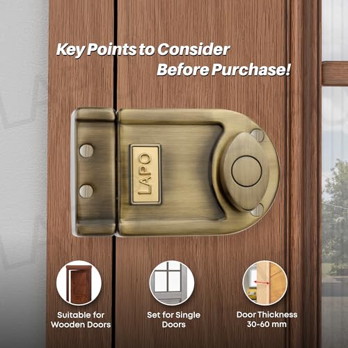 LAPO Antique Brass Tri-Bolt Lock for Main Door, Deadbolt Security Lock for Wooden Doors, Fixed Cylinder Design with 4 Brass Keys, Suitable for Inside & Outside Opening, Stylish Heavy-Duty Door Lock - Image 5