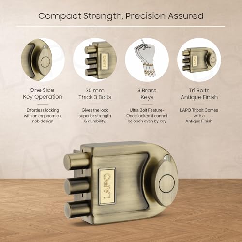 LAPO Antique Brass Tri-Bolt Lock for Main Door, Deadbolt Security Lock for Wooden Doors, Fixed Cylinder Design with 4 Brass Keys, Suitable for Inside & Outside Opening, Stylish Heavy-Duty Door Lock - Image 4