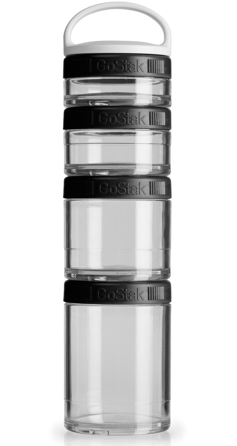 BlenderBottle BlenderBottle GoStak Food Storage Containers for Protein Powder, Healthy Snacks, and Portion Control, 4-Piece Starter Pak, Black