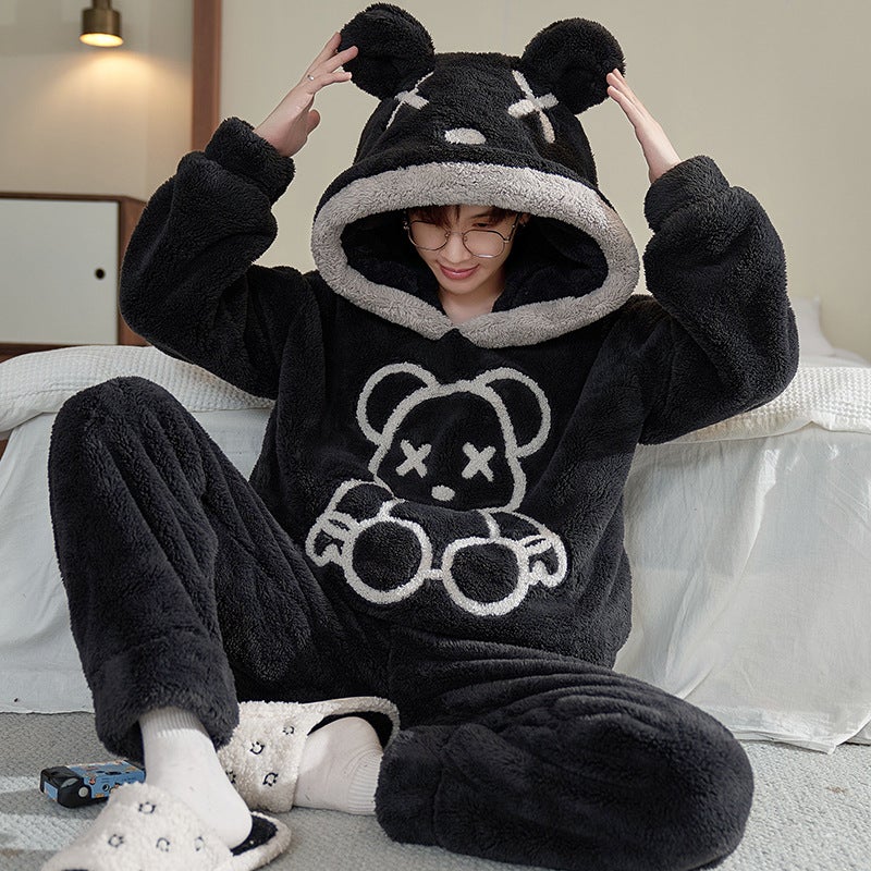 Winter Coral Fleece Pajamas Men'S Fleece-Lined Thickened Warm Cartoon Hooded Flannel Teenager Home Clothes Suit - Image 1