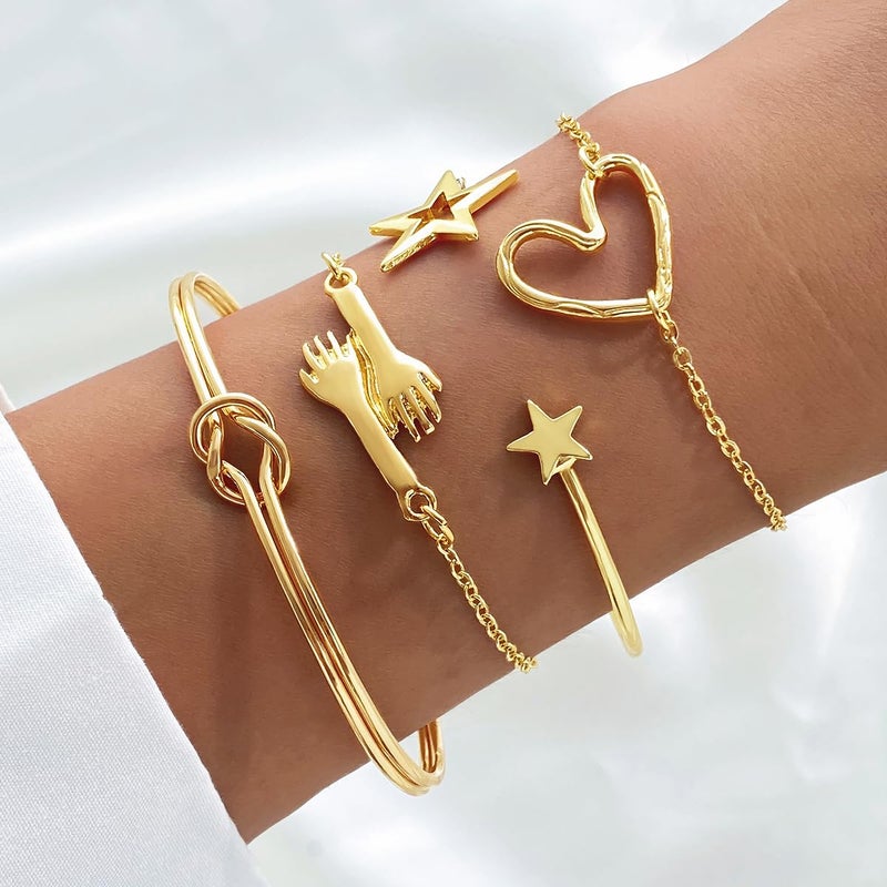 17IF 4 Pcs Gold Bracelet for Women Dainty Chunky Trendy Star Tie Simple Bangle Set Aesthetic Hand Hugging Charm Heart Stack Accessories Adjustable Chain - Image 2