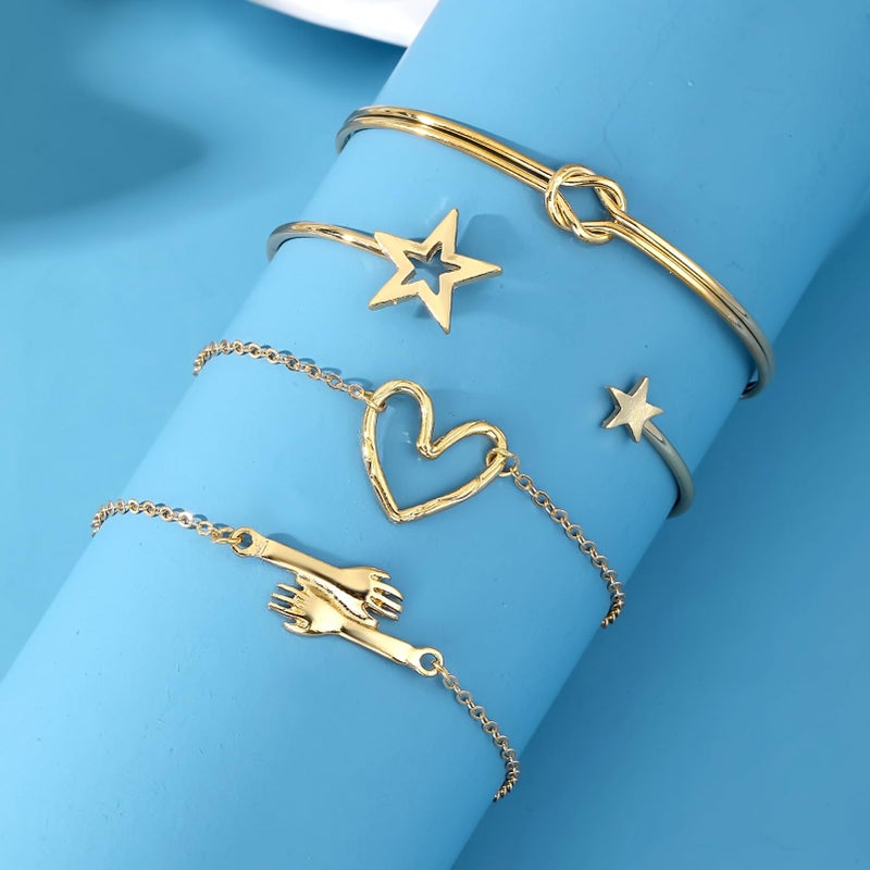 17IF 4 Pcs Gold Bracelet for Women Dainty Chunky Trendy Star Tie Simple Bangle Set Aesthetic Hand Hugging Charm Heart Stack Accessories Adjustable Chain - Image 5