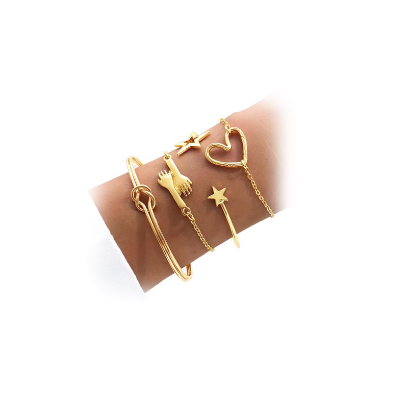 17IF 4 Pcs Gold Bracelet for Women Dainty Chunky Trendy Star Tie Simple Bangle Set Aesthetic Hand Hugging Charm Heart Stack Accessories Adjustable Chain - Image 1